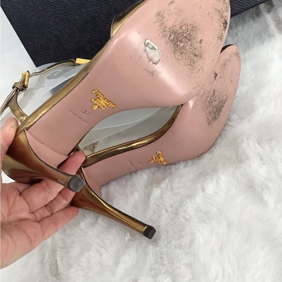Prada Capretto Jeweled Open Toe Heel Lame Bronze Luxury Designer Size 37EU - Picture 9 of 11